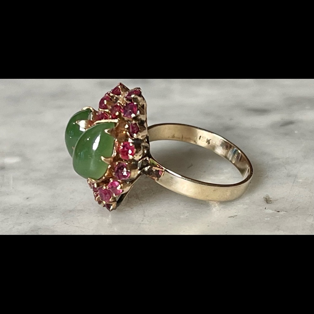 10k Vintage rose Gold ruby and Jade Moi et Toi ring - Picture 5 of 8